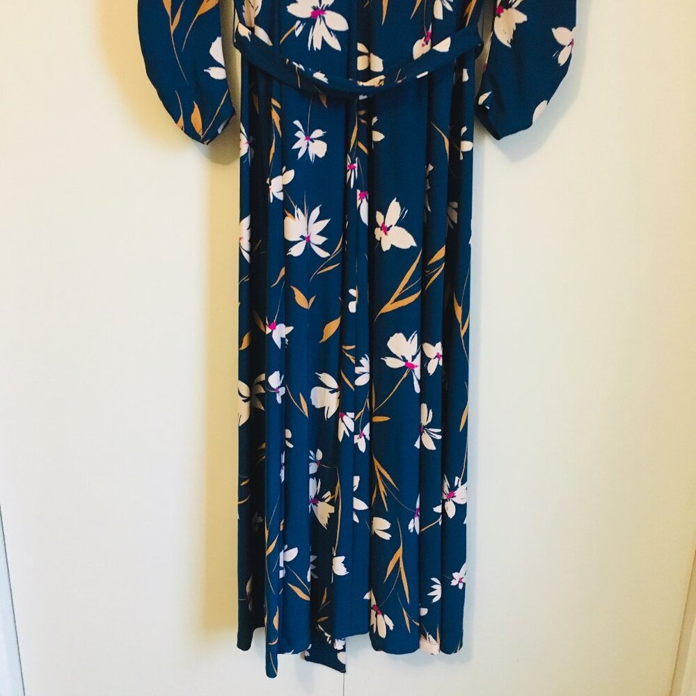 Eliza J Classy Blue Floral Belted Retro A-Line Maxi Dress - Picture 7 of 16